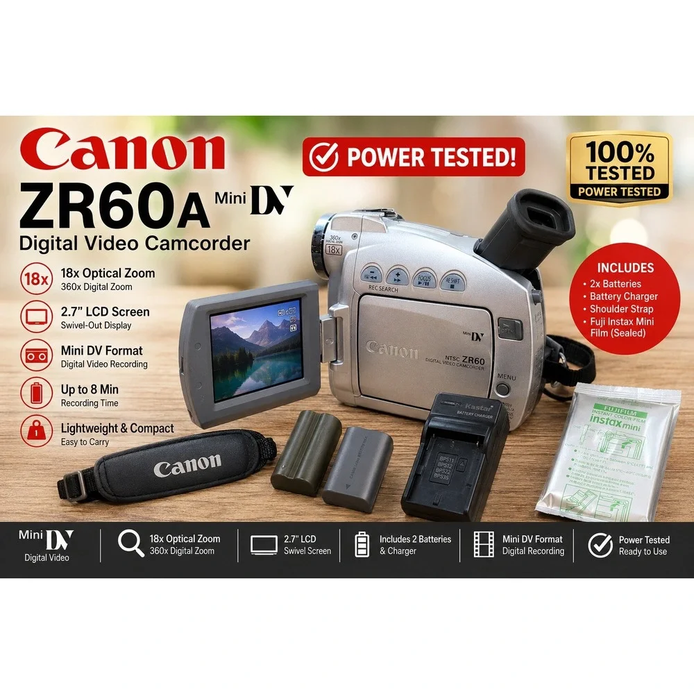 Canon ZR60 MiniDV Digital Camcorder Tested w/ 2 Batteries Charger Japan